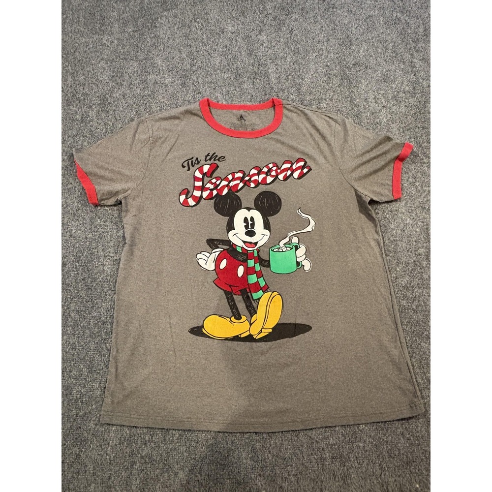 Disney Mickey Mouse Shirt Mens XL Gray Red Christmas Holiday Tis The Season Tee
